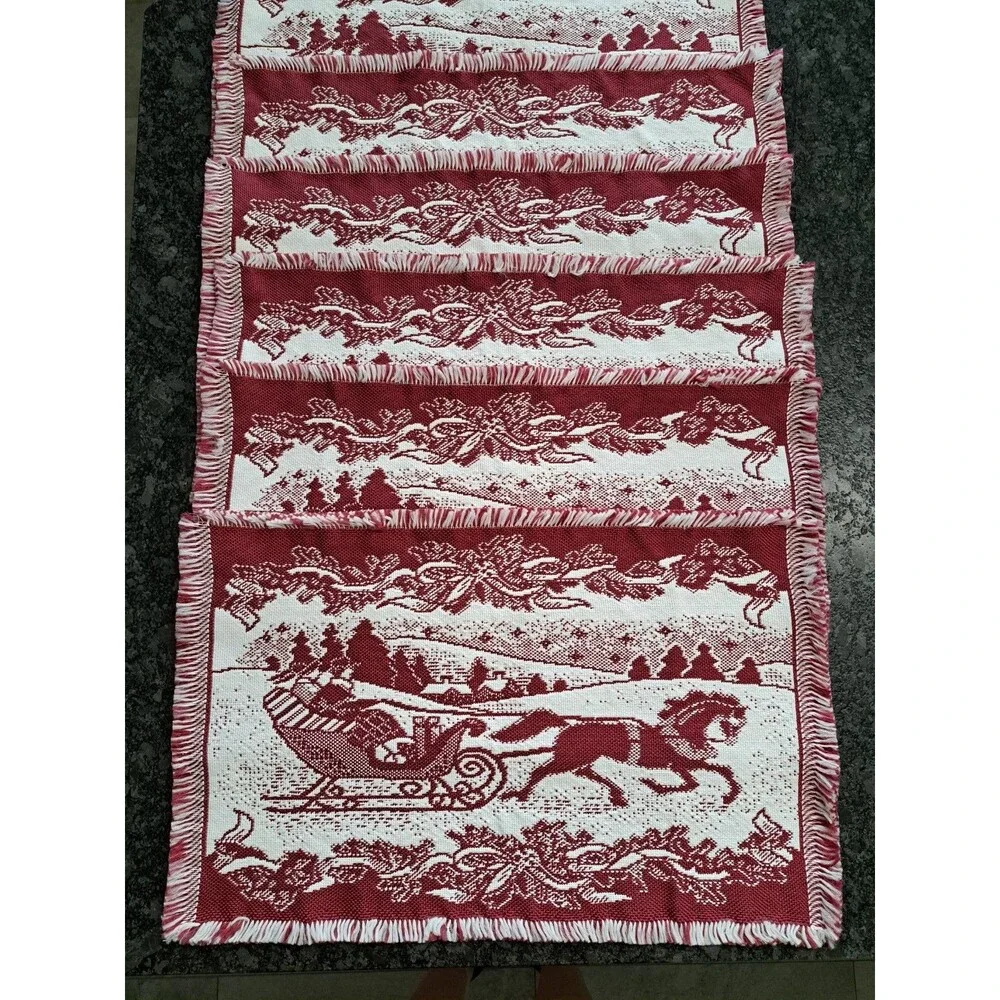 Vintage Woven Tapestry Christmas Placemat Lot of 6 Red & White Sleigh Ride Scene
